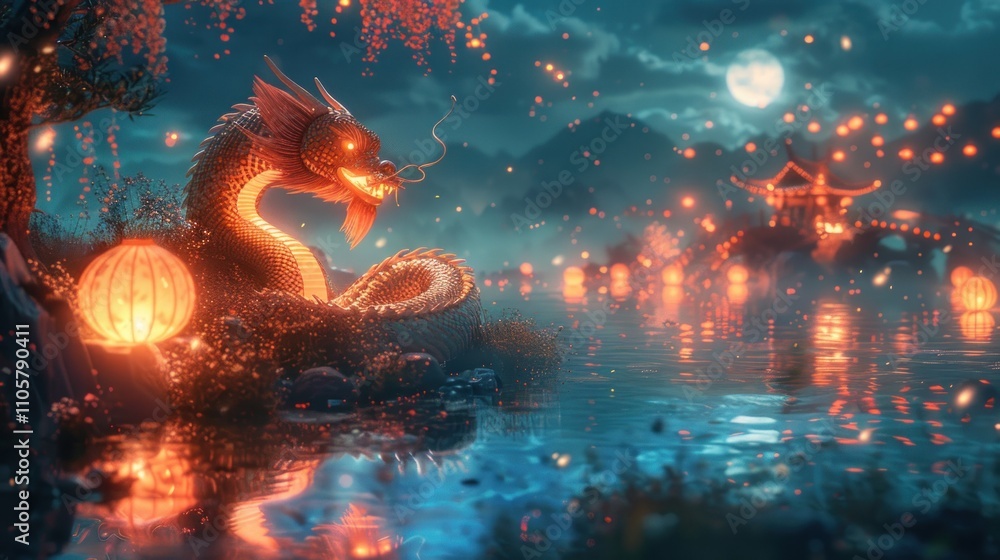 Dragon, lanterns, moonlit Asian scene. Dragon, lanterns, moonlit Asian scene.