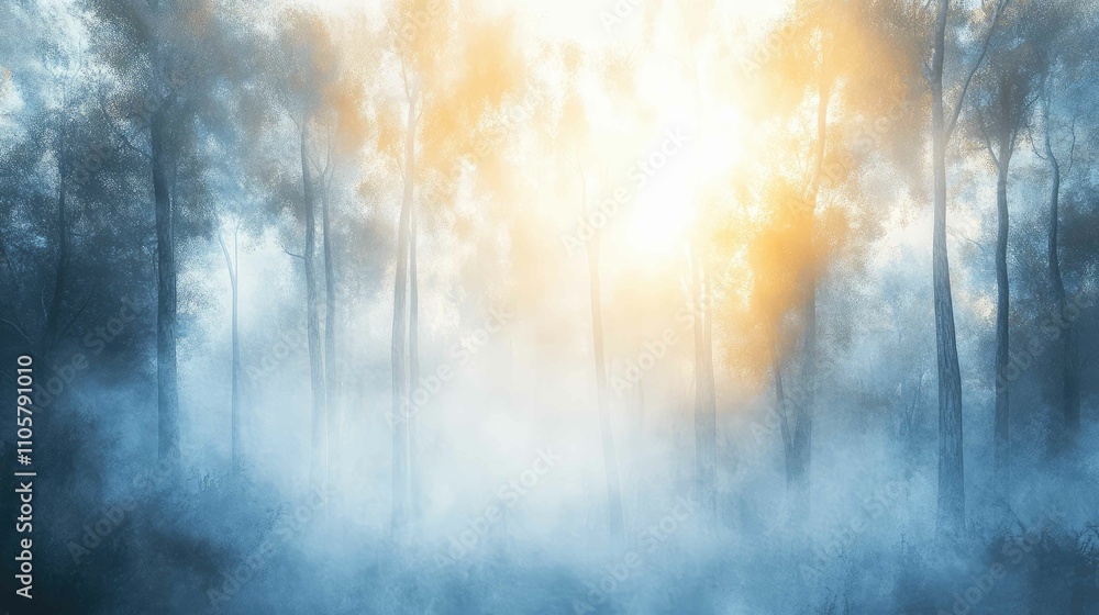 Morning sun shining through misty trees, creating an ethereal, tranquil woodland scene Morning sun shining through misty trees, creating an ethereal, tranquil woodland scene
