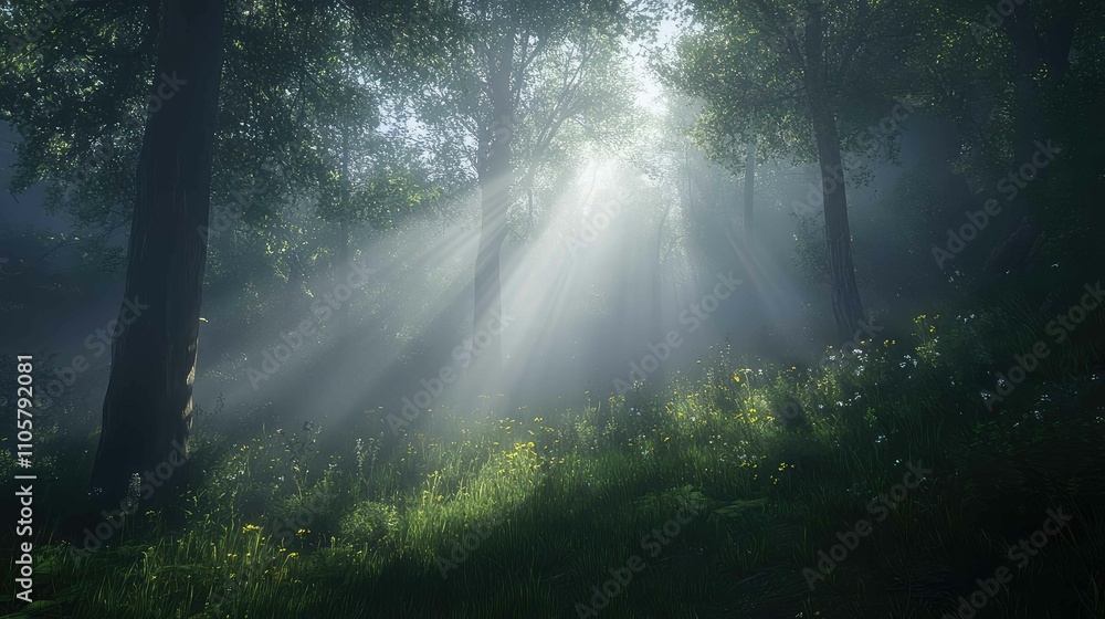 Rays of sunlight piercing through thick mist in a wooded area, creating dramatic, scattered beams on the forest floor Rays of sunlight piercing through thick mist in a wooded area, creating dramatic, scattered beams on the forest floor