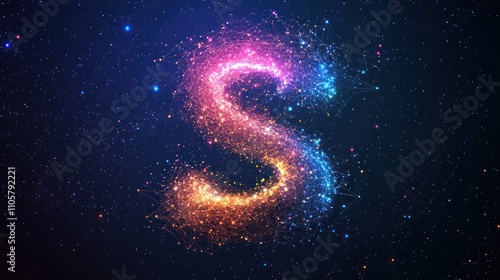 A vibrant, cosmic letter "S" made of colorful particles against a starry background.