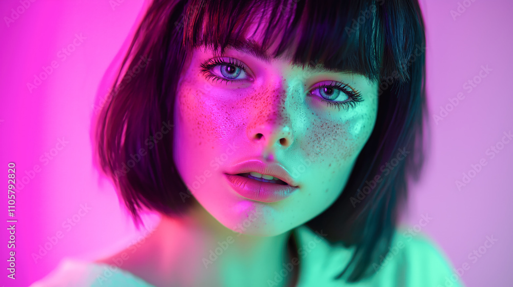 Fototapeta premium A stunning close up of a model showcasing beautiful features and freckled skin, illuminated by captivating neon lights in shades of pink and green.