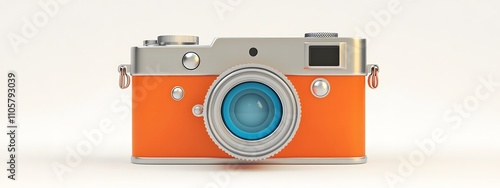 A cute, retro-style camera icon in orange and silver, with a blue lens and a white background