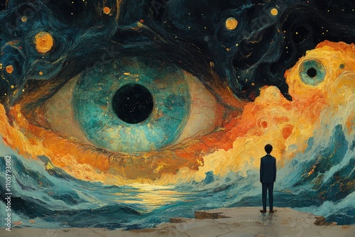 Surreal cosmic eye observing human in vast dreamlike universe