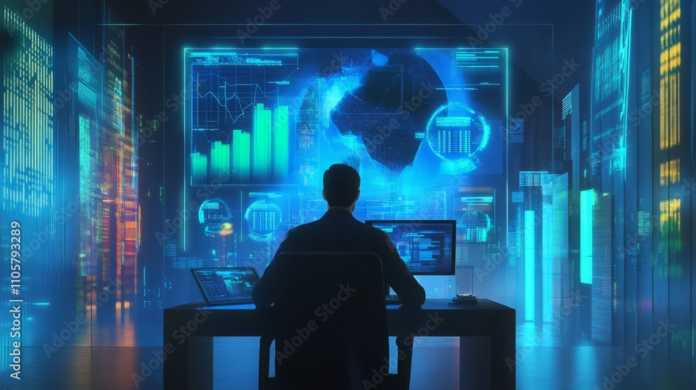 A person analyzing data on futuristic screens in a digital workspace. A person analyzing data on futuristic screens in a digital workspace.