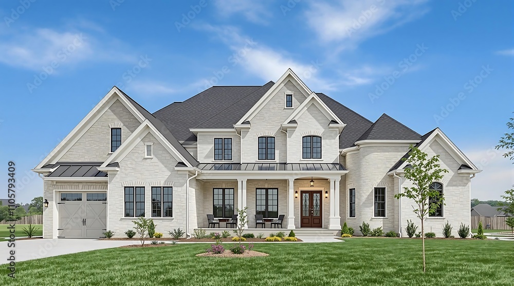 Stunning Modern Brick House With Manicured Lawn and Clear Sky. Generator AI Stunning Modern Brick House With Manicured Lawn and Clear Sky. Generator AI