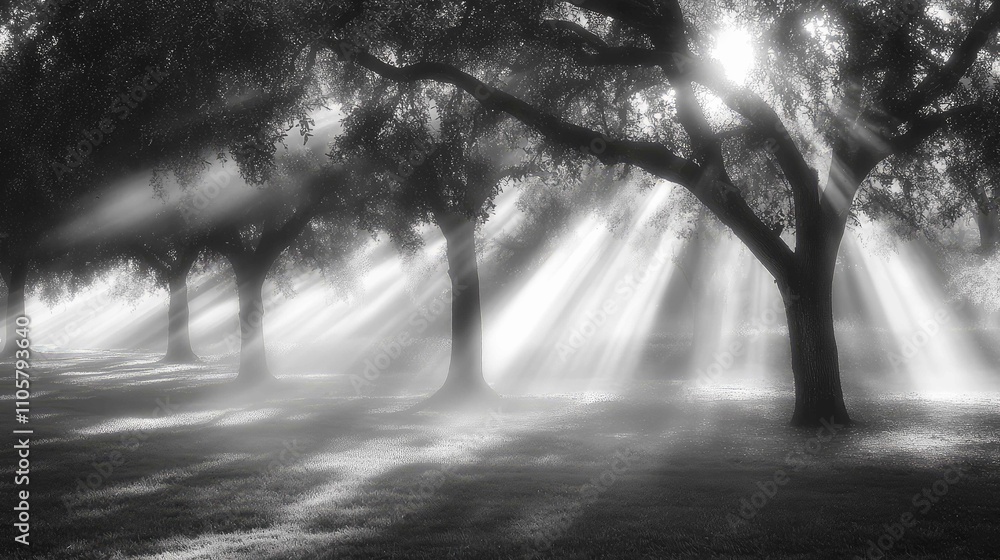 Soft beams of light breaking through a grove of trees, casting delicate shadows on a foggy morning Soft beams of light breaking through a grove of trees, casting delicate shadows on a foggy morning