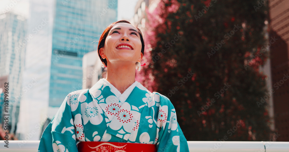 City, smile and girl with kimono, thinking and outdoor sightseeing adventure in traditional fashion. Urban culture, identity and woman in Japanese clothes, happy face and morning travel in low angle City, smile and girl with kimono, thinking and outdoor sightseeing adventure in traditional fashion. Urban culture, identity and woman in Japanese clothes, happy face and morning travel in low angle