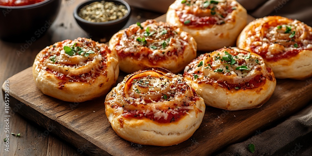 Delicious mini pizza buns displayed on a rustic wooden board. Delicious mini pizza buns displayed on a rustic wooden board.