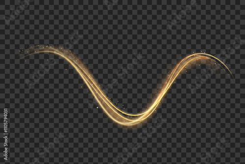 Golden light trails, light in motion, glowing speed lines with sparkles. Bright gold decoration, luminescent swirls isolated on black background. Vector illustration.