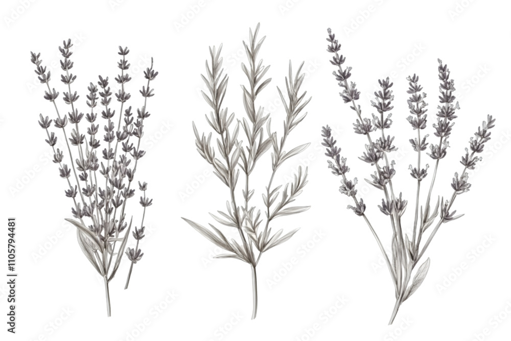Three elegant botanical illustrations of lavender sprigs in a monochrome style. Three elegant botanical illustrations of lavender sprigs in a monochrome style.