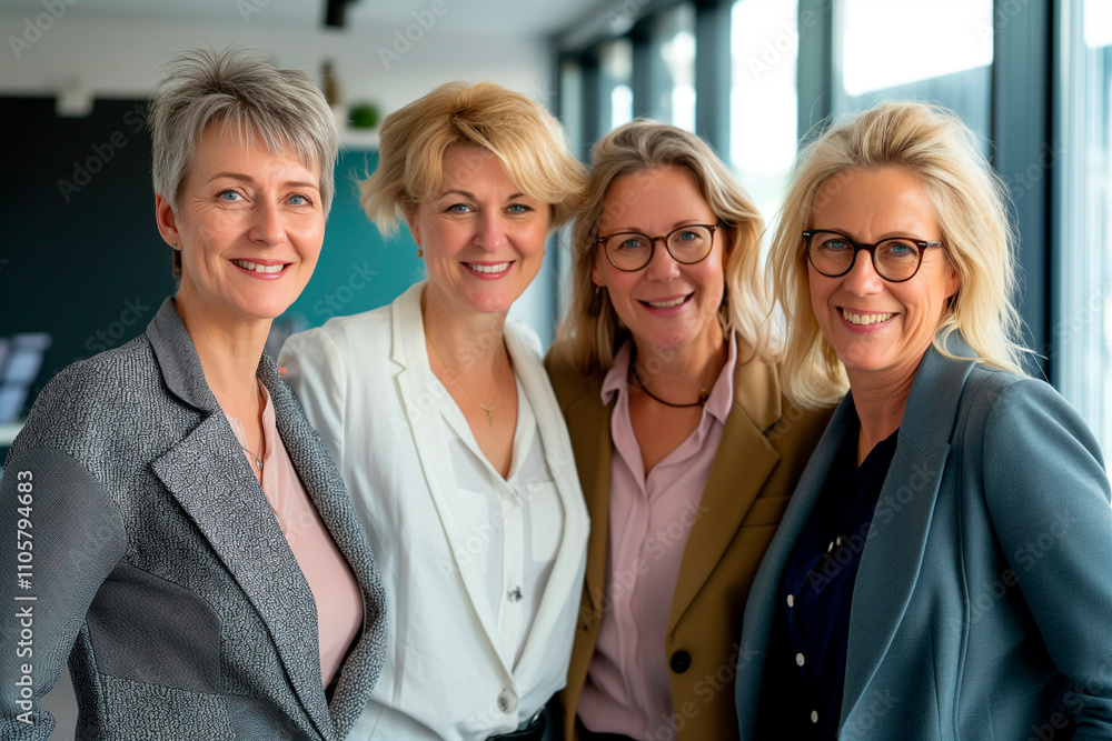 Group of mature businesswomen bonding and smiling while standing in the office together Group of mature businesswomen bonding and smiling while standing in the office together