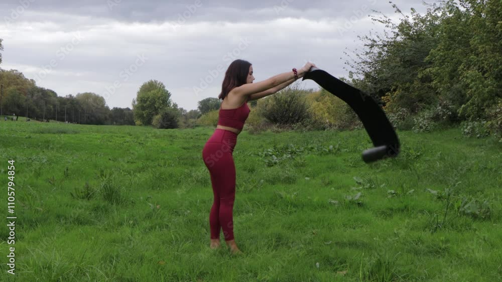 Beautiful young woman with short brunette hair spreads out her black mat for an outdoor yoga class wearing nice red sportswear with green nature in the background. Beautiful young woman with short brunette hair spreads out her black mat for an outdoor yoga class wearing nice red sportswear with green nature in the background.