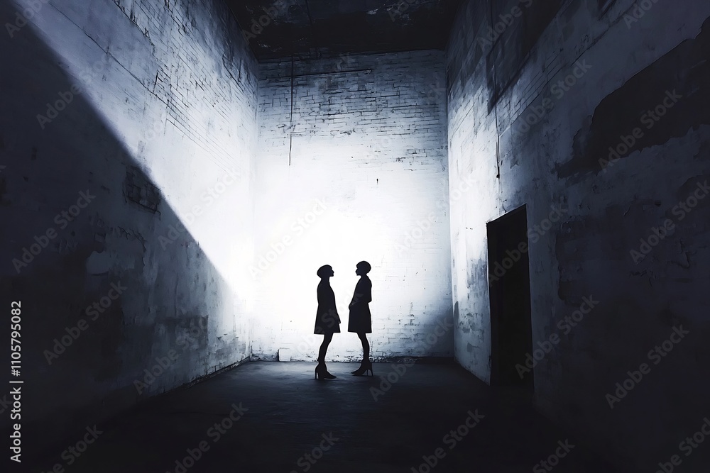 Two Silhouetted Figures Explore a Dramatic Tunnel of Light and Shadow Two Silhouetted Figures Explore a Dramatic Tunnel of Light and Shadow