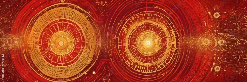 Fototapeta premium an abstract digital artwork with a predominantly red and gold color scheme. It features two large circular patterns that resemble intricate mandalas or mechanical gears