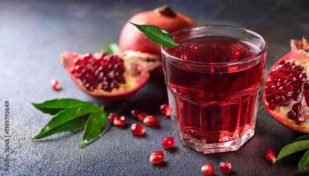 Refreshing pomegranate juice in glass, leaves, seed Refreshing pomegranate juice in glass, leaves, seed