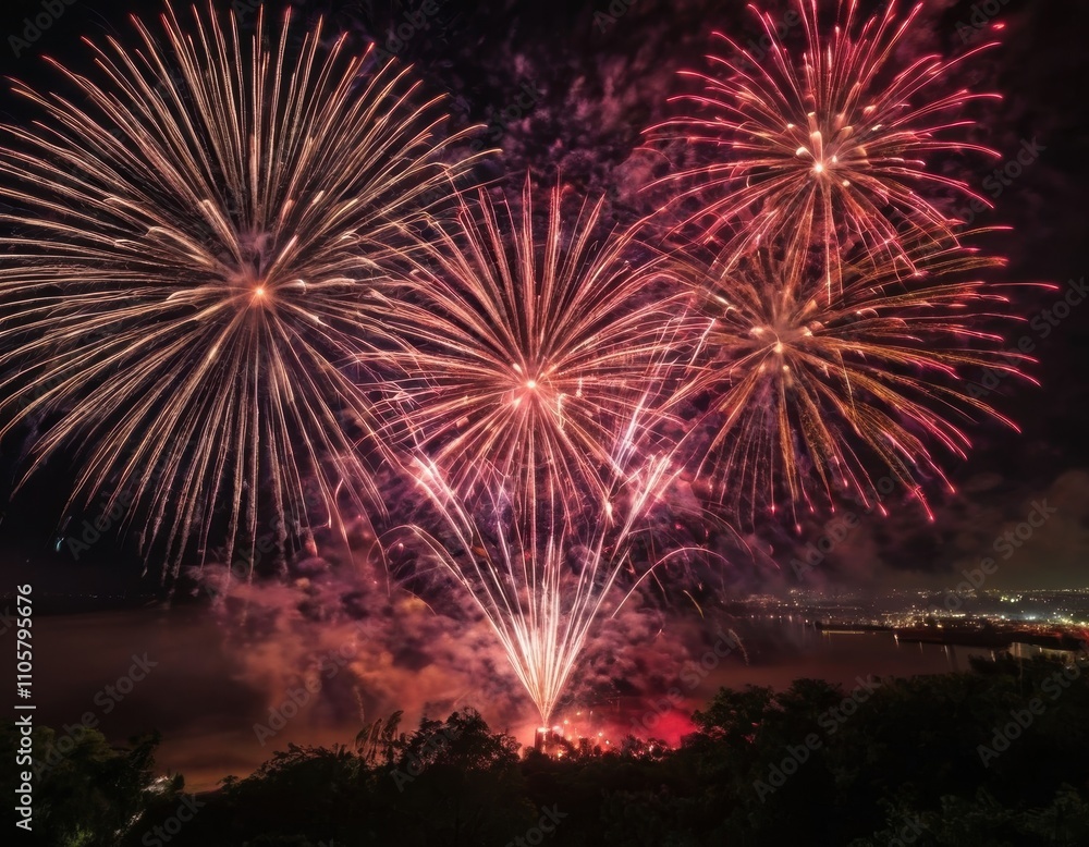 a vibrant display of fireworks lighting up the night sky. There are several large bursts of fireworks, predominantly in shades of red and pink, with some white accents a vibrant display of fireworks lighting up the night sky. There are several large bursts of fireworks, predominantly in shades of red and pink, with some white accents