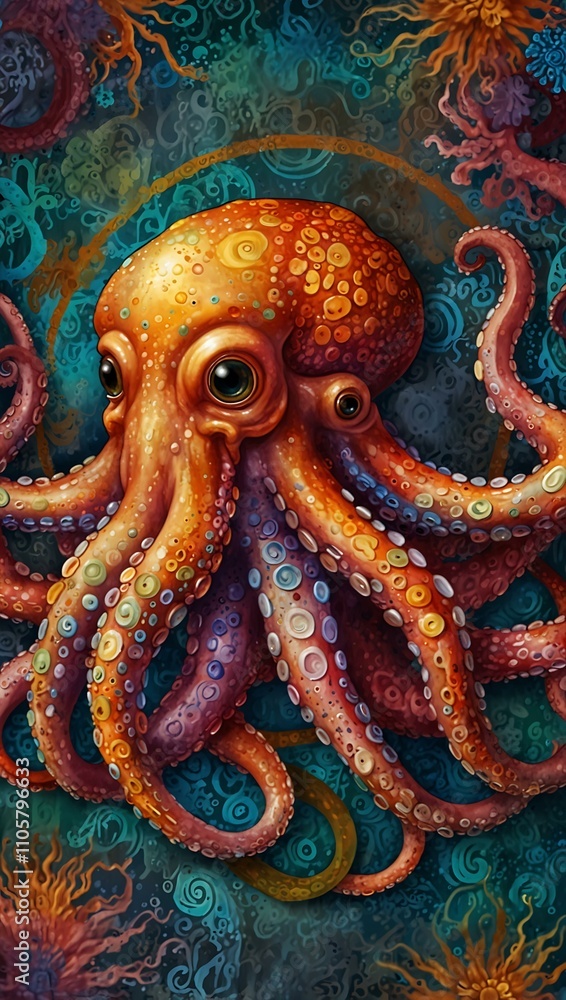 Fototapeta premium Colorful octopus surrounded by swirling patterns.