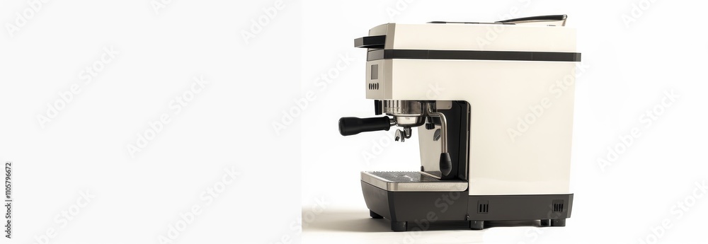 Modern Office Coffee Machine with Sleek Design Isolated on White. Concept of Workplace Essentials, Coffee Culture, Contemporary Appliances, Productivity Boost in Office Settings. Banner. Copy space Modern Office Coffee Machine with Sleek Design Isolated on White. Concept of Workplace Essentials, Coffee Culture, Contemporary Appliances, Productivity Boost in Office Settings. Banner. Copy space