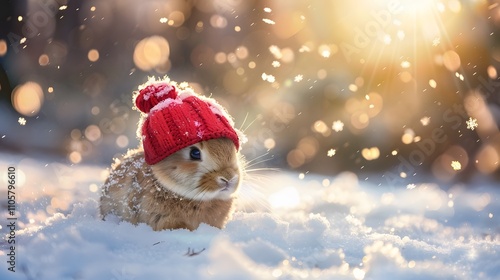 A charming winter scene featuring a little brown bunny in a red bobble hat, sitting in snow