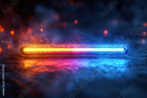 glowing neon tube emits vibrant orange and blue light, surrounded by smoky atmosphere, creating modern and dynamic visual effect photo