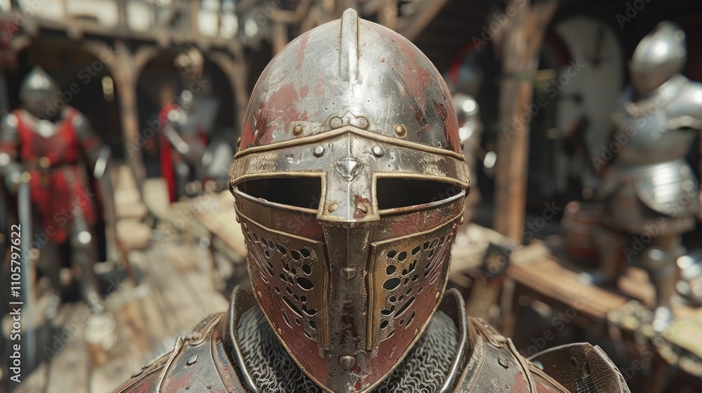 Fototapeta premium Close-up of a medieval knight's helmet and armor.