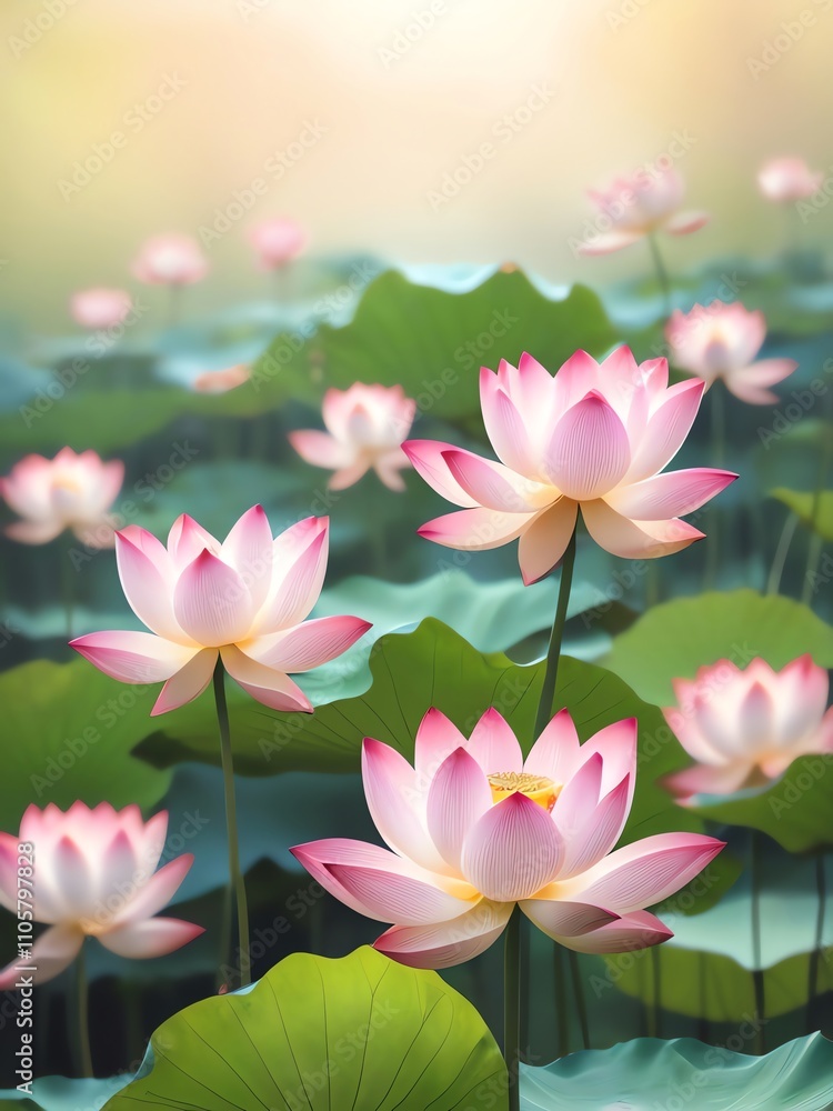 Serene Lotus Pond: A Peaceful Harmony of Pink and Green Serene Lotus Pond: A Peaceful Harmony of Pink and Green