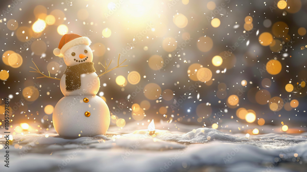 Fototapeta premium Festive Snowman in Winter Wonderland with Sparkling Lights and Snow. Concept of Holiday Spirit, Seasonal Joy, Winter Magic, and Festive Celebrations. Copy space