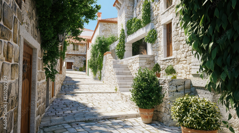 Naklejka premium Capturing mediterranean coastal village architecture soft light intricate textures serene streets cozy atmosphere visual artistry