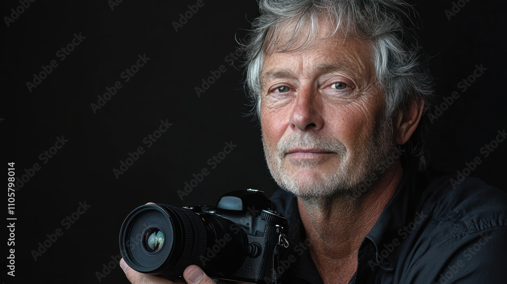 professional photographer with gray hair holds camera, showcasing thoughtful expression. image captures essence of photography and creativity professional photographer with gray hair holds camera, showcasing thoughtful expression. image captures essence of photography and creativity