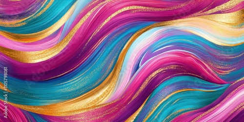 The artwork features an array of vibrant colors, including turquoise, magenta, and gold, blended in flowing waves. The dynamic textures evoke a sense of movement and depth.