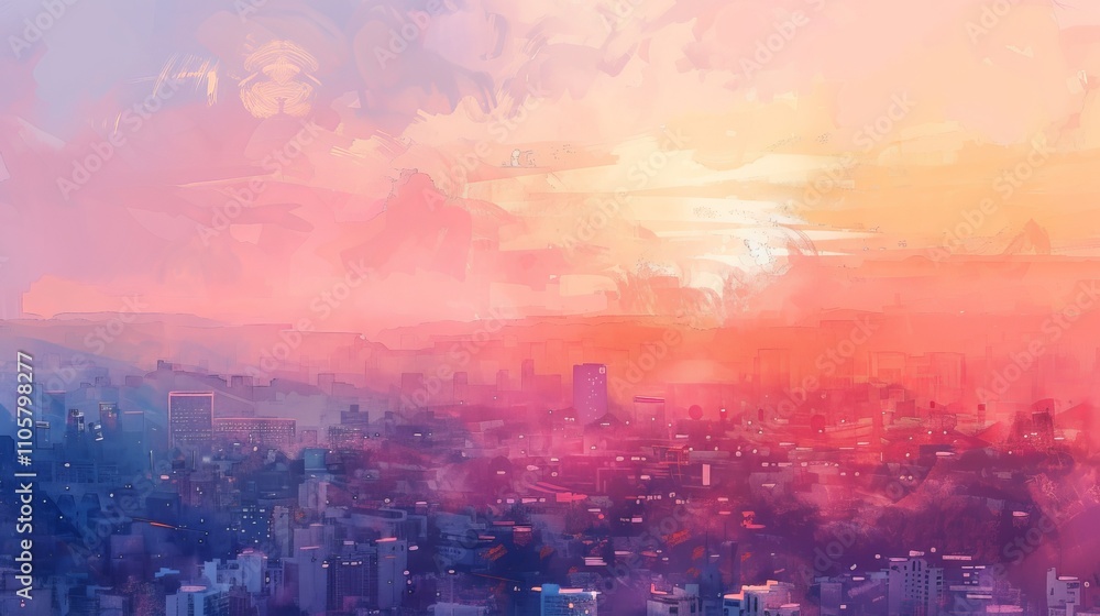 Watercolor Art Depicting a Cityscape at Sunset with Vibrant Hues. Concept of Urban Beauty, Tranquility, Serene Atmosphere, and Artistic Interpretation Watercolor Art Depicting a Cityscape at Sunset with Vibrant Hues. Concept of Urban Beauty, Tranquility, Serene Atmosphere, and Artistic Interpretation
