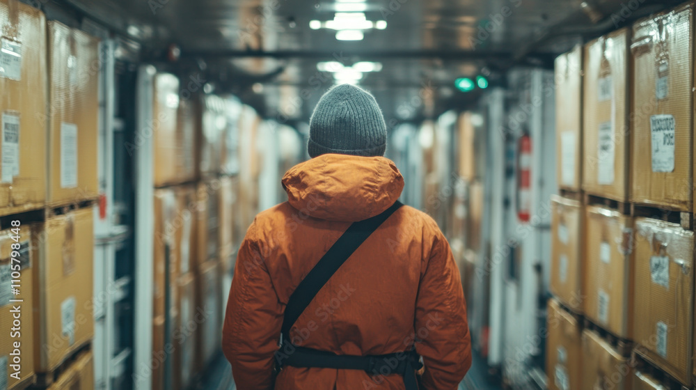 person in orange jacket walks through corridor lined with boxes, creating sense of exploration and curiosity person in orange jacket walks through corridor lined with boxes, creating sense of exploration and curiosity
