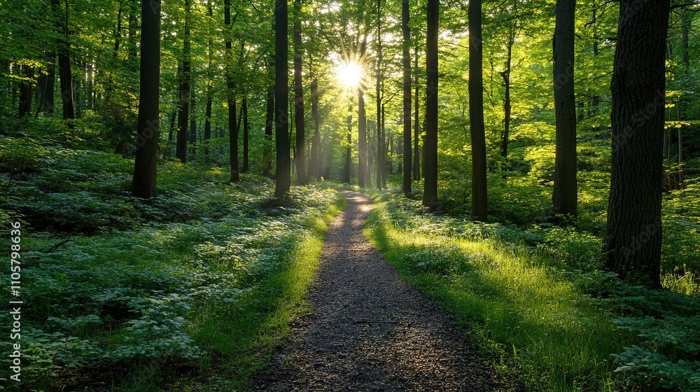 Sunlight piercing through dense forest trees onto path Sunlight piercing through dense forest trees onto path