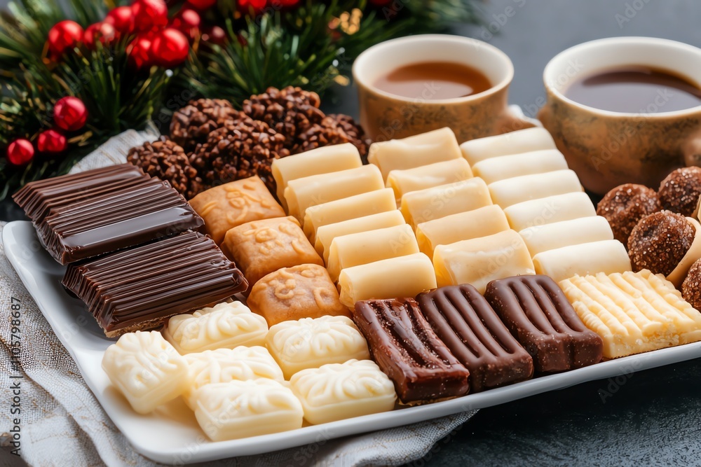 A festive platter featuring an assortment of chocolates and cookies, accompanied by two cups of tea, perfect for holiday gatherings. A festive platter featuring an assortment of chocolates and cookies, accompanied by two cups of tea, perfect for holiday gatherings.
