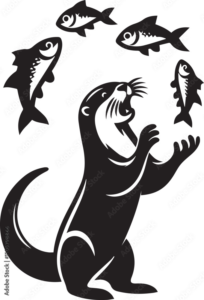 Naklejka premium Playful otter juggling fish black silhouette vector