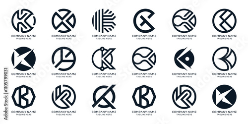 letter K logo set icon, circle round design concept, collection graphic vector