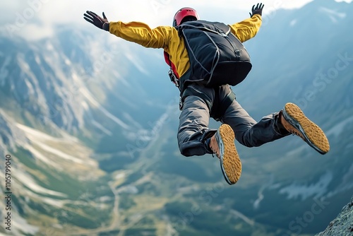 Man in yellow jacket leaping with mountains backdrop