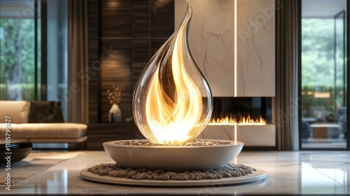 Modern glass fire feature in contemporary living room. photo