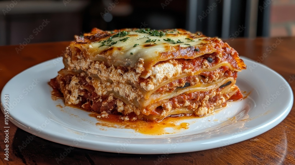Portion of beef lasagna Portion of beef lasagna