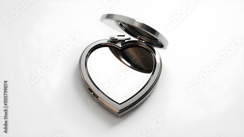 A heart-shaped compact mirror with a metallic finish, isolated on white