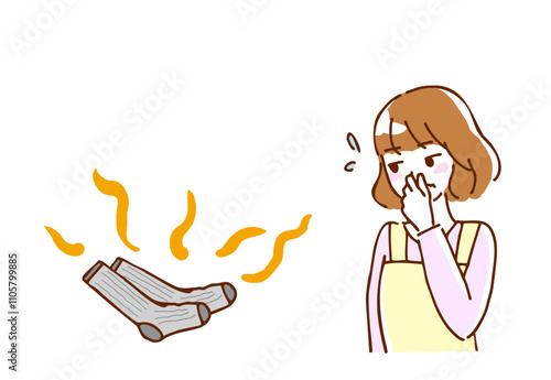 Illustration of a young woman frowning at the smell of smelly socks.	