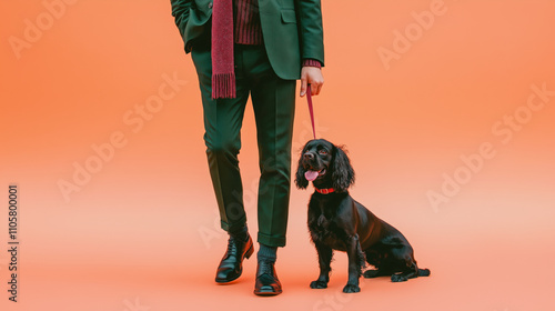 A fashionable man in a tailored suit walks his cheerful black dog on a leash, set against a striking orange backdrop, creating a lively and stylish scene.