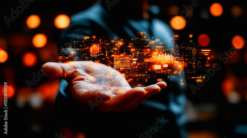Man holding glowing holographic cityscape in their hand This futuristic concept symbolizes technology, innovation, and the digital transformation of urban environments