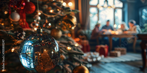 Arbol de navidad enfocado y una familia a un lado sentados festejando  photo