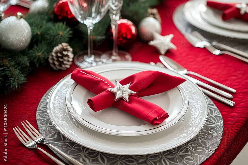 Christmas table setting with red napkins, silverware, white plates, red tablecloth, grey patterned runner, green pine branches, and star decorations. Christmas table setting with red napkins, silverware, white plates, red tablecloth, grey patterned runner, green pine branches, and star decorations.