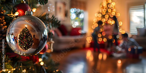 Esfera de navidad enfocada y al fondo niños abriendo regalos
