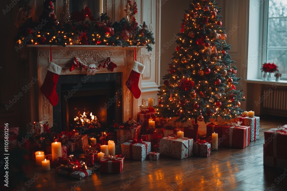 Christmas tree with lights, fireplace, and candles in a room decorated for Christmas, with gifts under the tree, celebrating the New Year. Christmas tree with lights, fireplace, and candles in a room decorated for Christmas, with gifts under the tree, celebrating the New Year.