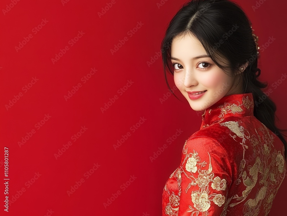 Elegant Young Chinese Lady Against Red Background Elegant Young Chinese Lady Against Red Background