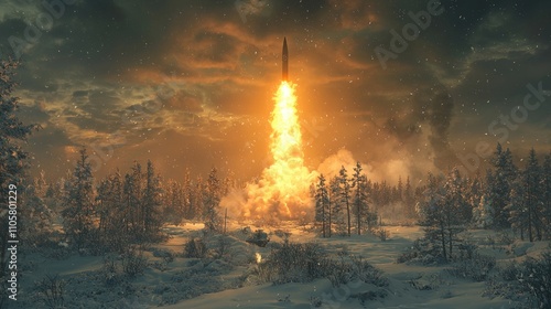 Intercontinental ballistic missile launches from a snowy missile silo amidst flames and smoke in a dramatic winter landscape