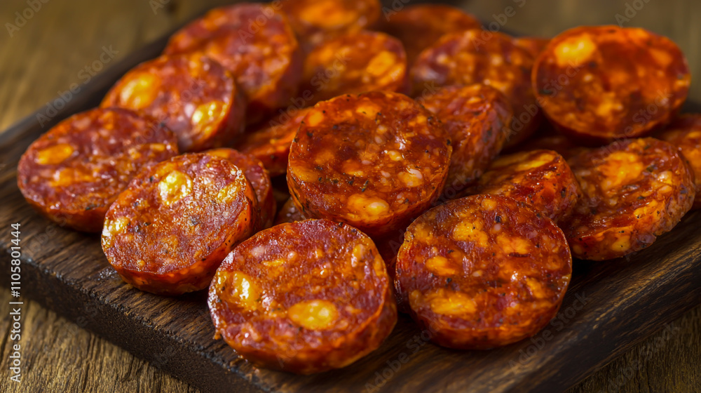 A close-up of slices of premium Spanish salchichón sausage, artfully arranged on a rustic wooden background A close-up of slices of premium Spanish salchichón sausage, artfully arranged on a rustic wooden background